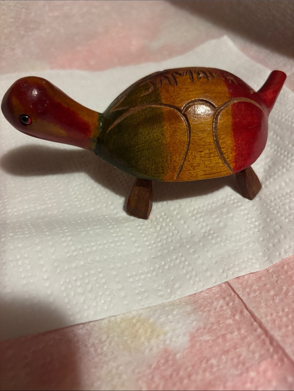 Small 5”Hand-Carved Wooden Turtle Figurine in Red, Green, and Natural Wood